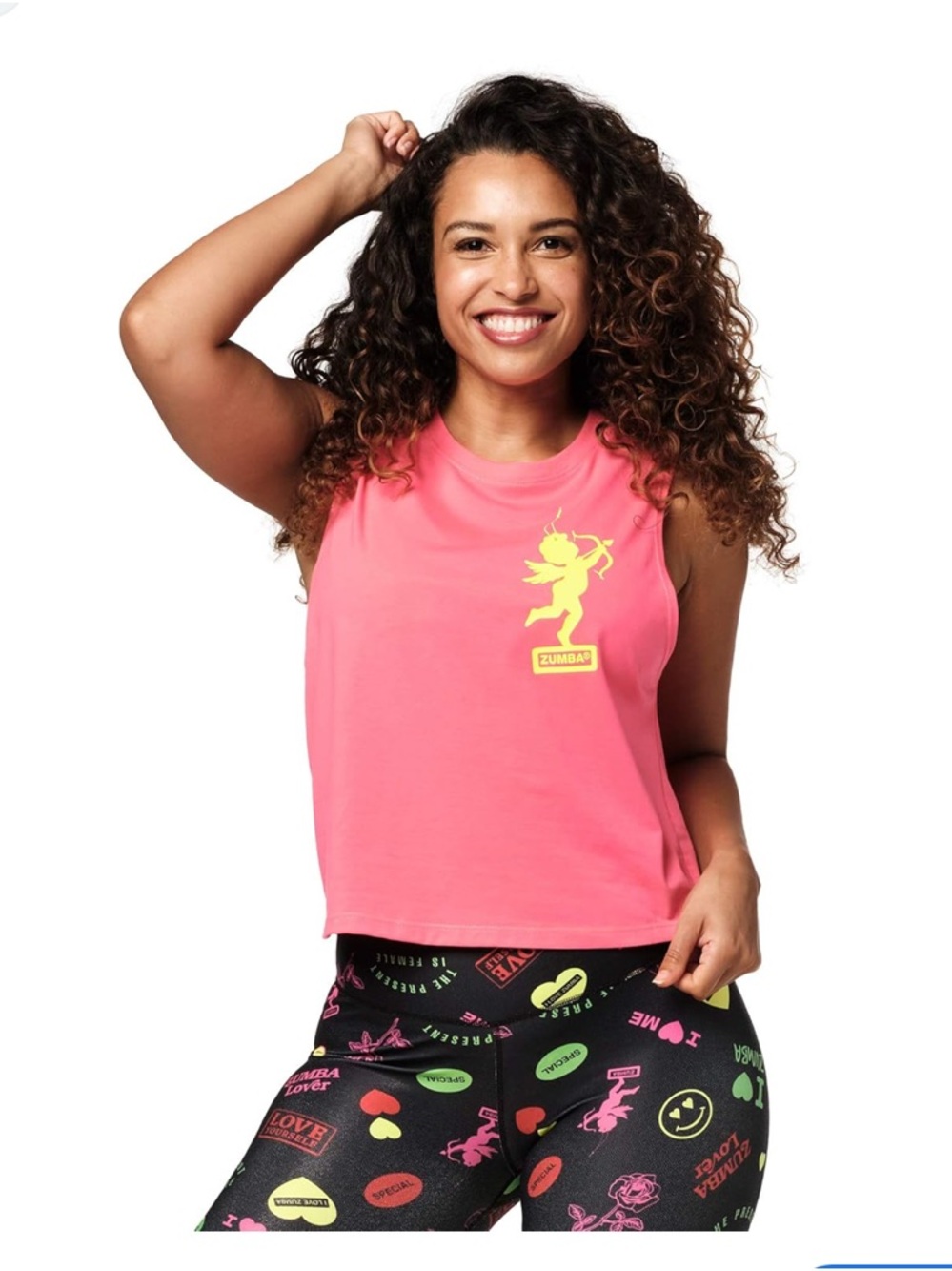 Zumba Fitness Hot Pink Sleeveless Crop Tank with Yellow Cupid Logo